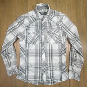 BKE Tailored Fit Mens Grey White Plaid Sz small Western Pearl Snap Shirt B2447